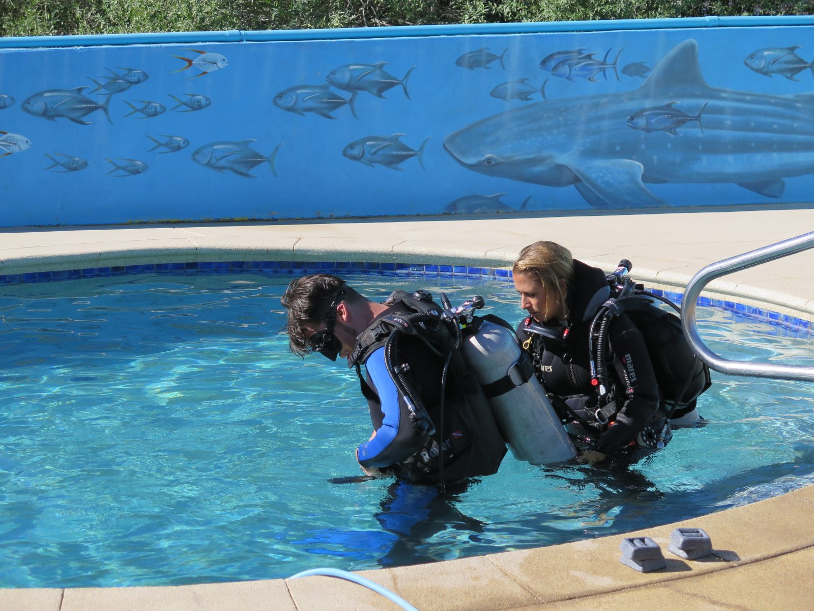 Two Open Water students practising skills in the training pool at Cabo Pulmo Dive Center